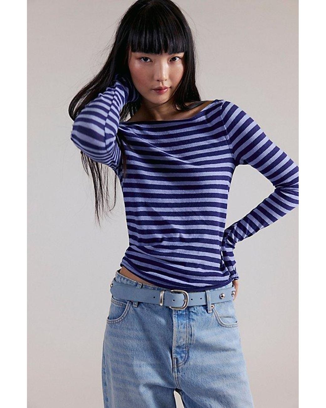 Free People Blue Most Loved Striped Long Sleeve