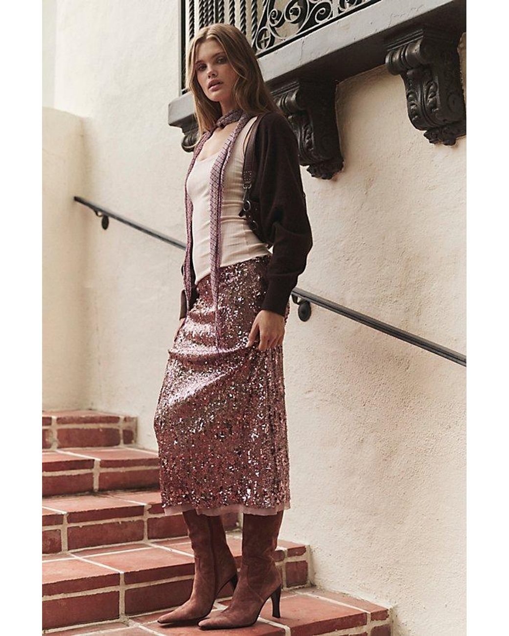 Intimately By Free People Pink Party Trick Sequin Midi Slip Skirt By