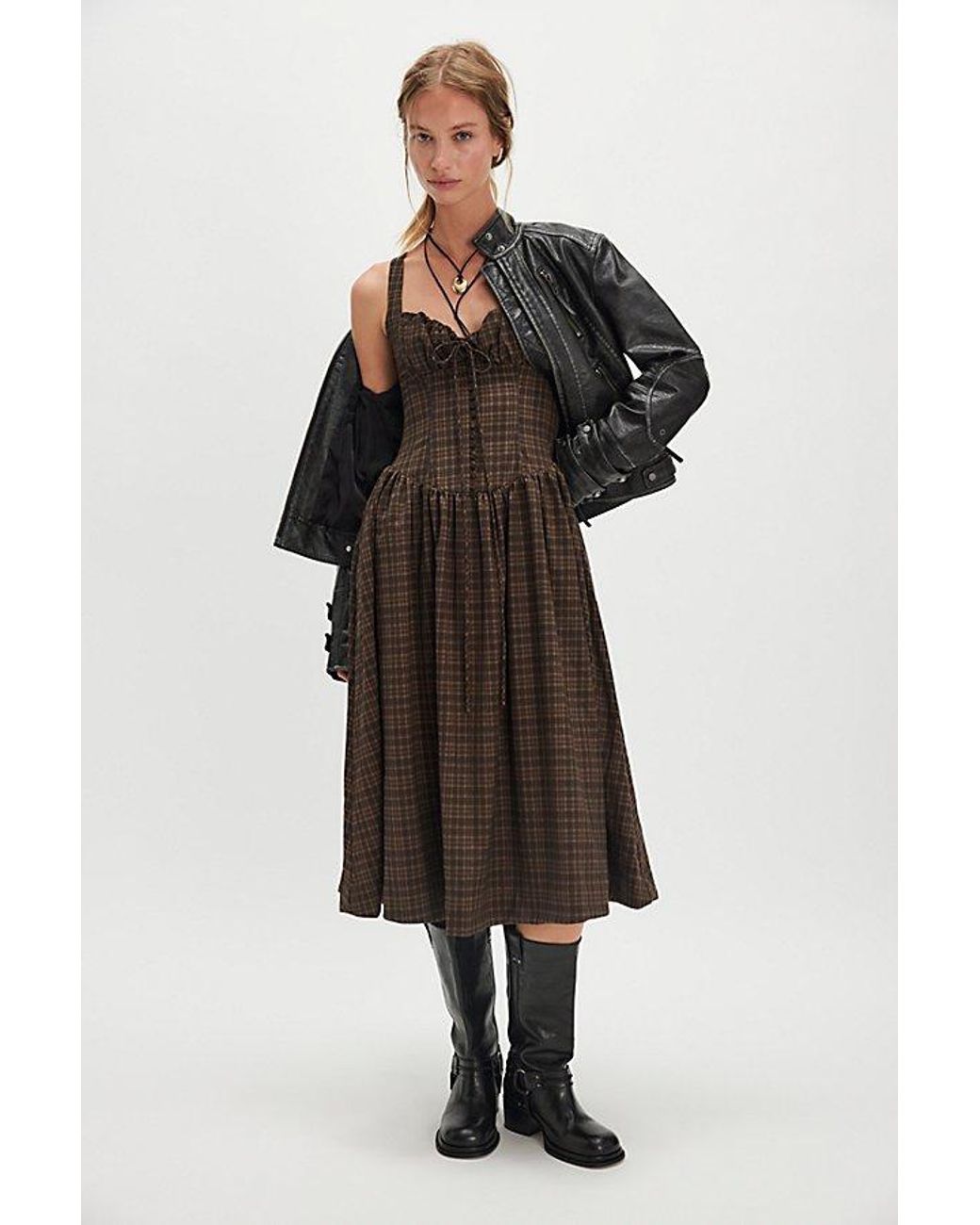 maroon dress brown boots Rihoas Cotton Gingham Smocked Midi Dress