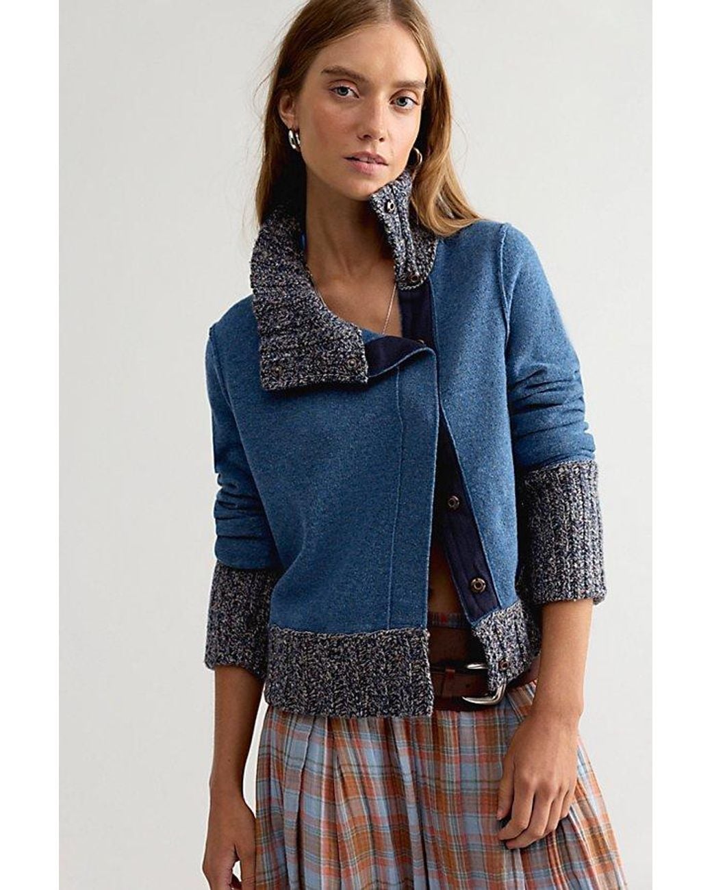 Free People Blue Off Kilt Funnel-Neck Wool Cardi