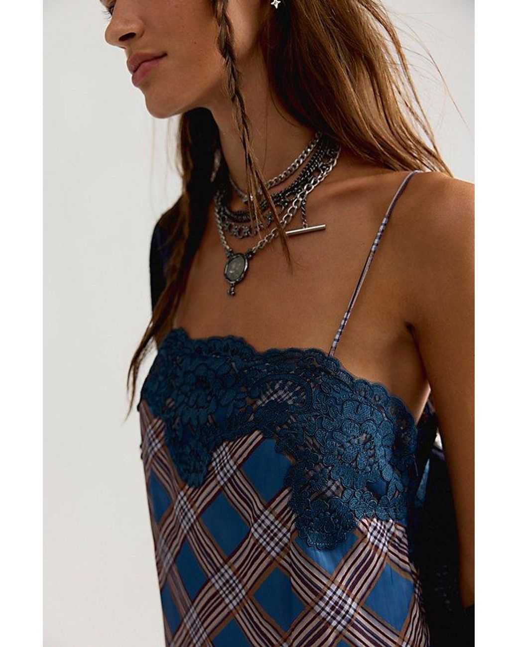 Free People Blue Canal Street Plaid Slip Dress Set