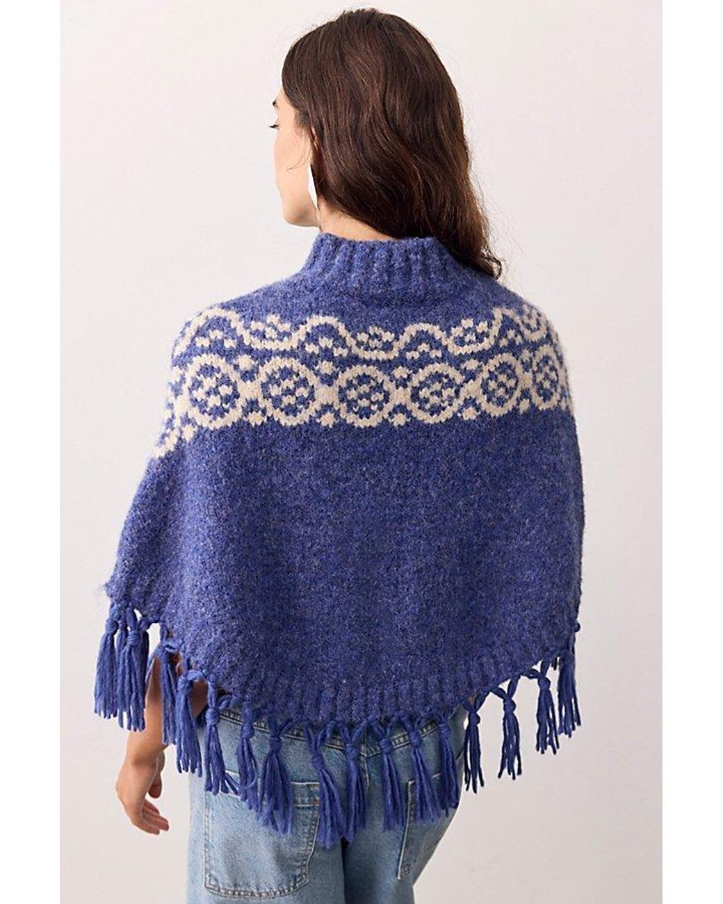 Free People Blue Emma Printed Poncho Jacket