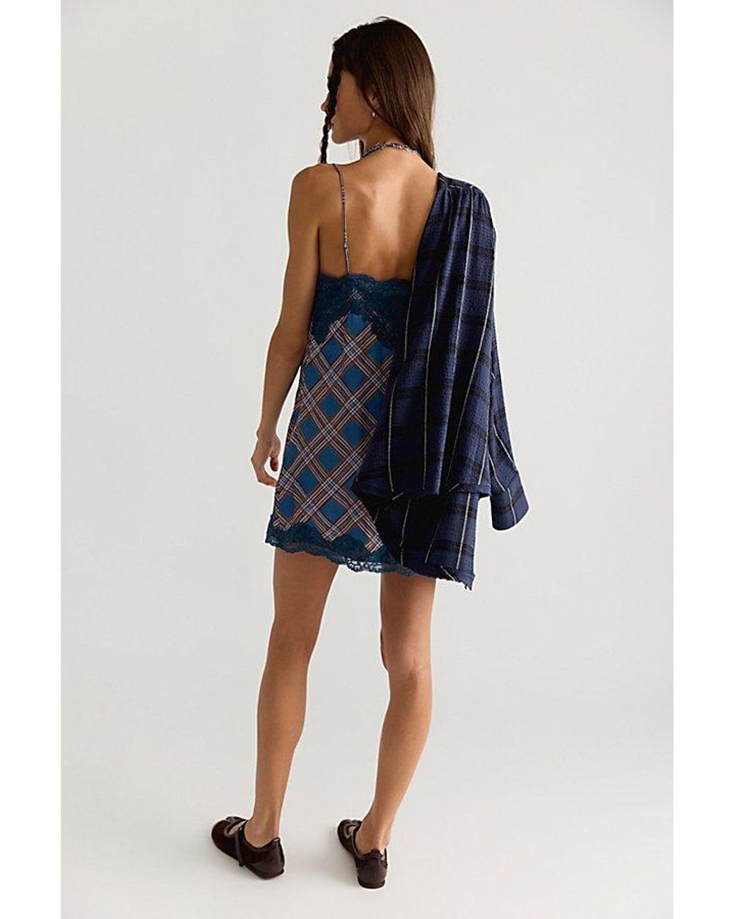 Free People Blue Canal Street Plaid Slip Dress Set