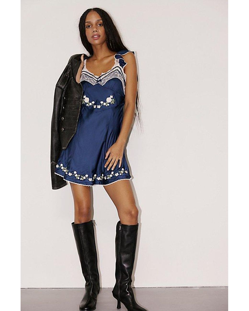 For Love & Lemons Blue Fern Mini Slip Dress