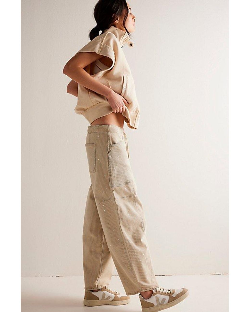 Free People Natural Stripe Silverton Puddle Barrel Jeans At Free People In Classic Railroad, Size: Xs