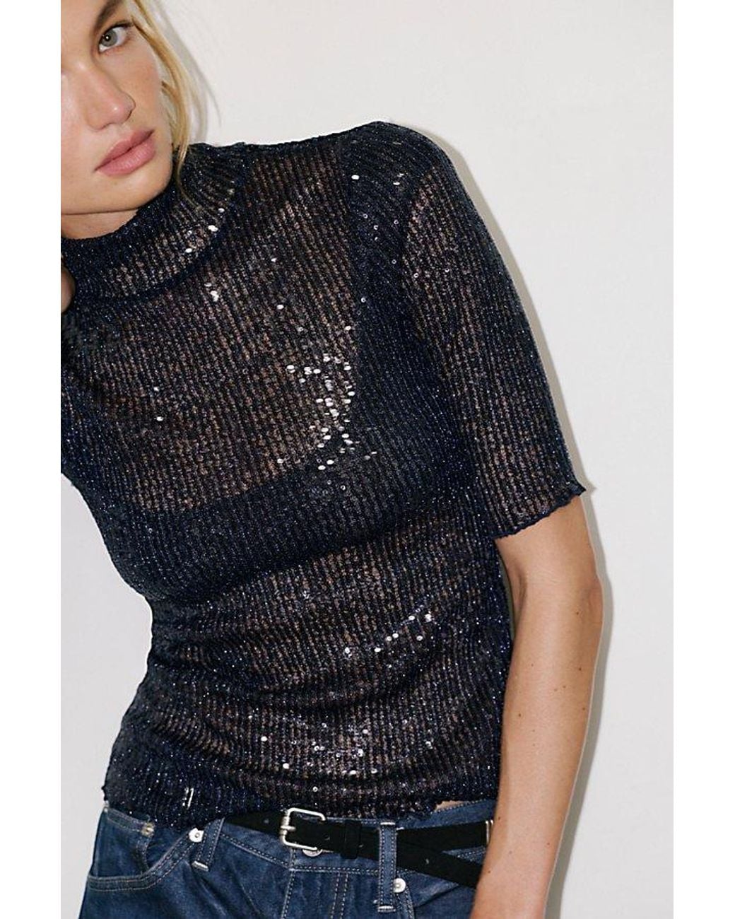 Intimately By Free People Blue Barely Sparkle Half-Sleeve Top By