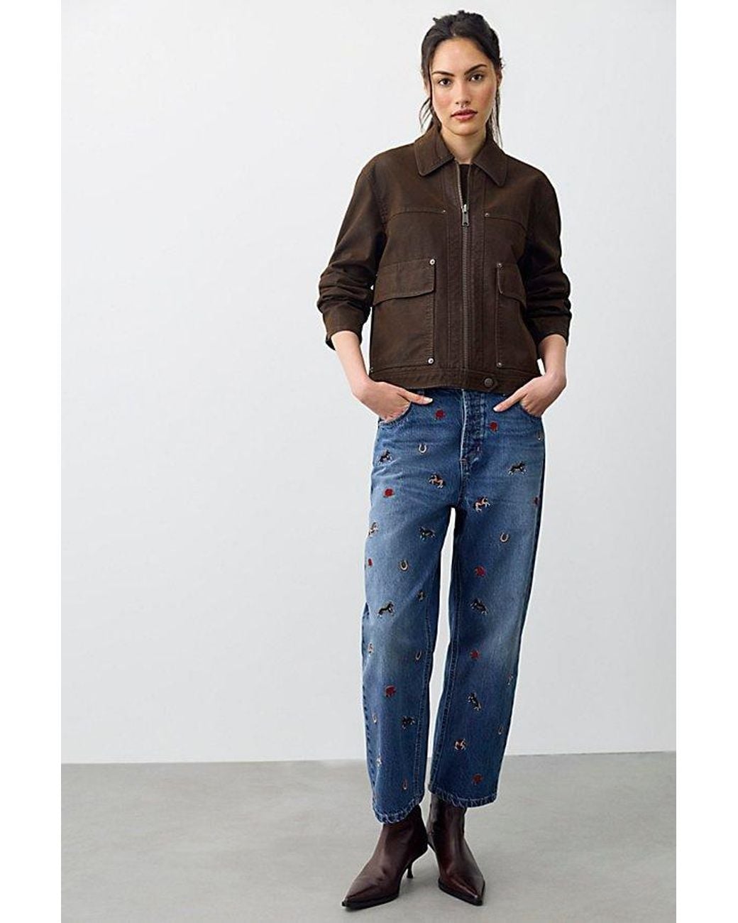 Free People Blue Deep Trance Embroidered Dropped Boyfriend Jeans