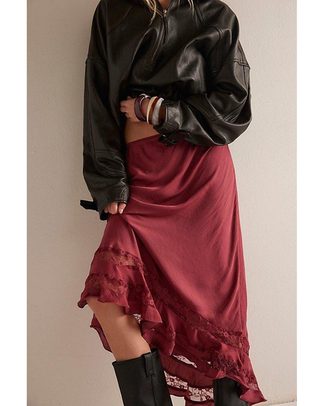 Free People Red Long Lost Lover Maxi Slip Skirt By
