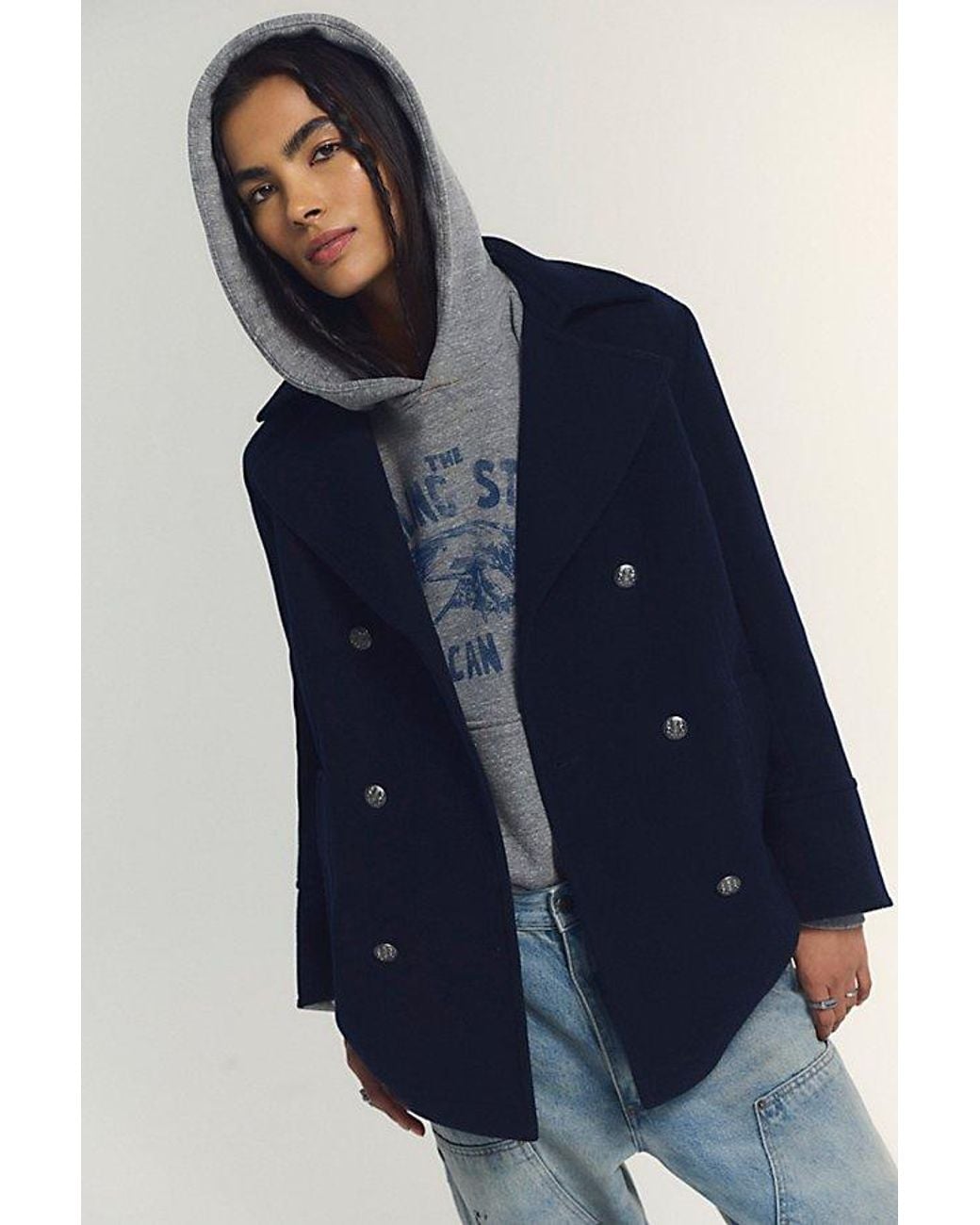 Free People Blue Jorah Wool-Blend Military Coat Jacket