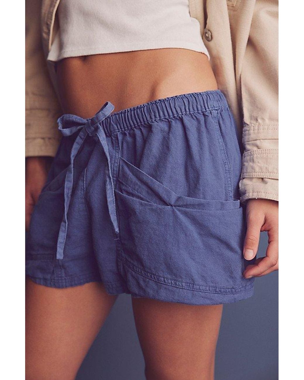 Free People Blue Good Fortune Solid Cotton-Linen Shorts