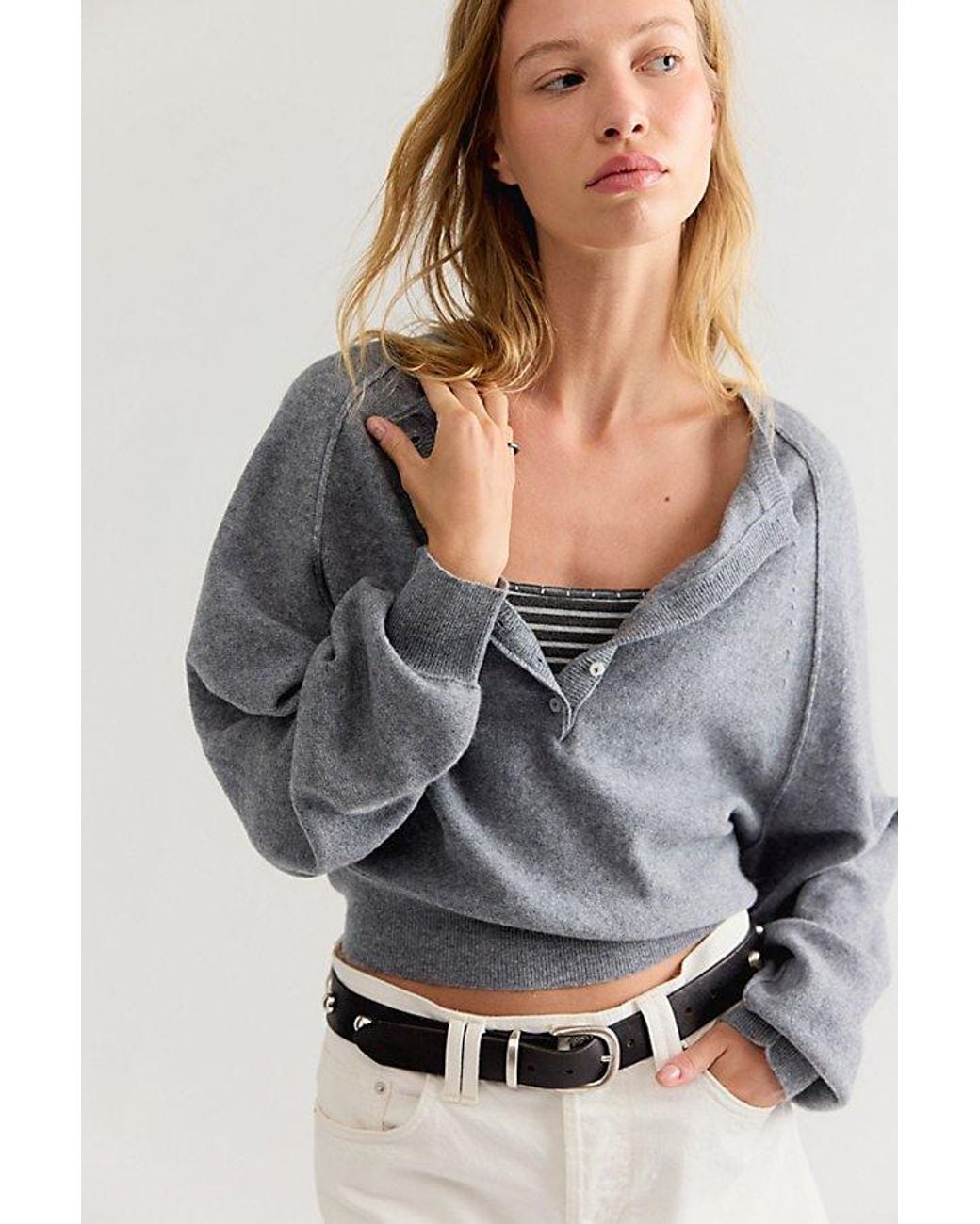 Free People Gray Porta Cashmere Henley Sweater