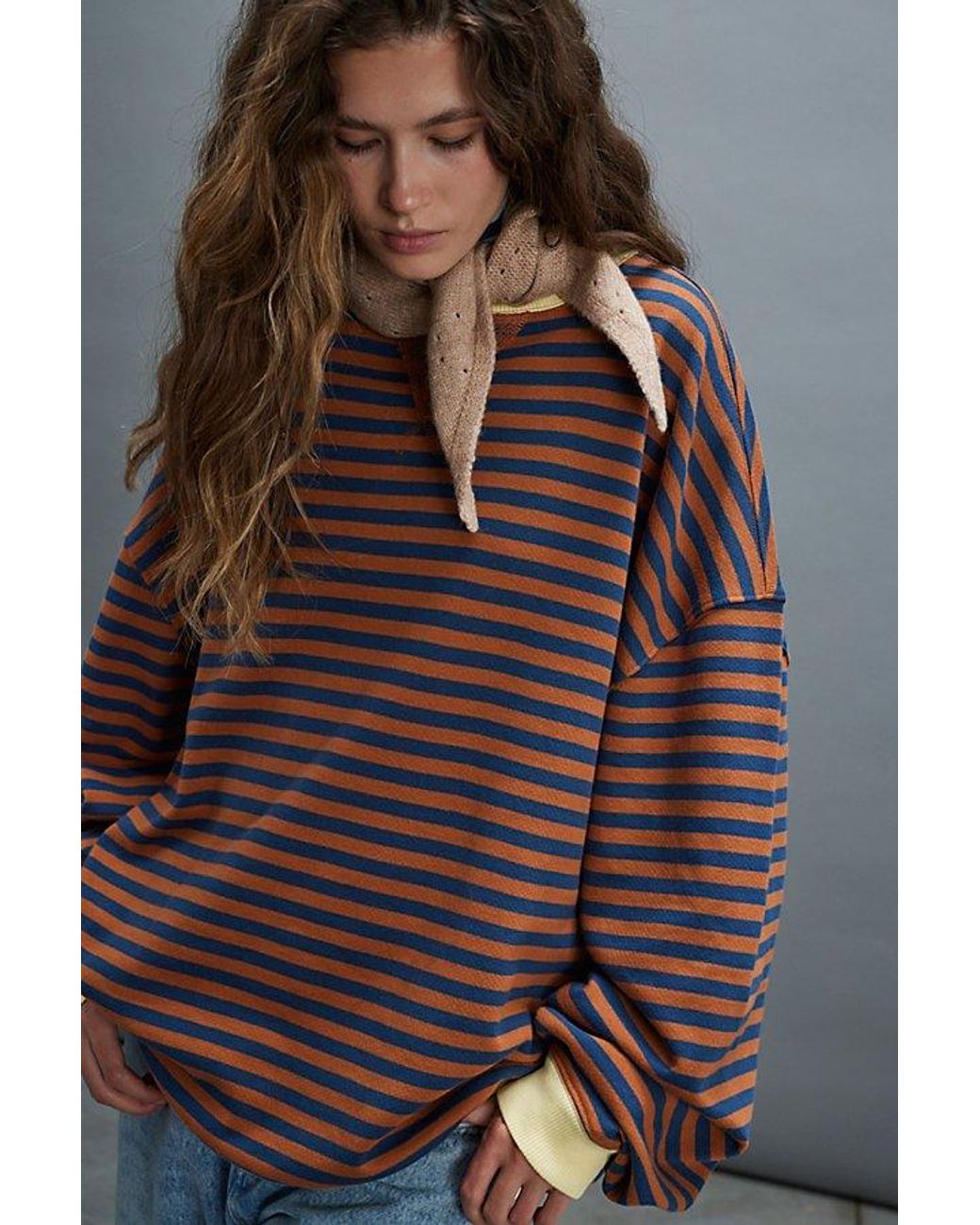 Free People Classic Striped Oversized Crewneck in Gray | Lyst