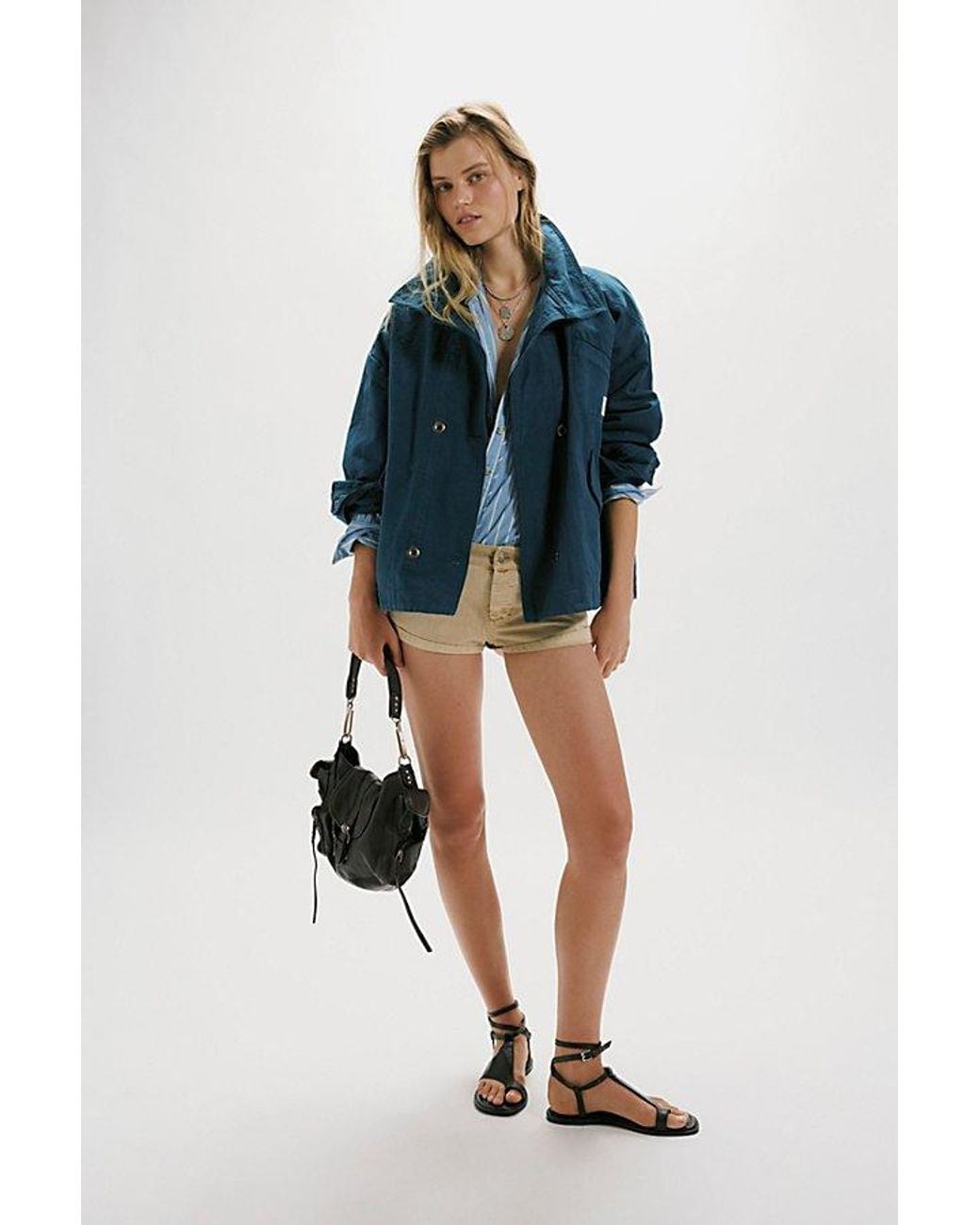 Free People Blue Collins Washed Canvas Funnel-Neck Jacket