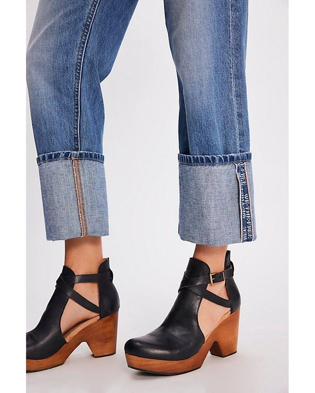 Free People Blue Leather Ankle Strap Clogs