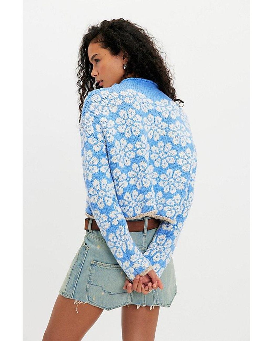 Free People Blue Opal Rollneck Knit Patterned Sweater