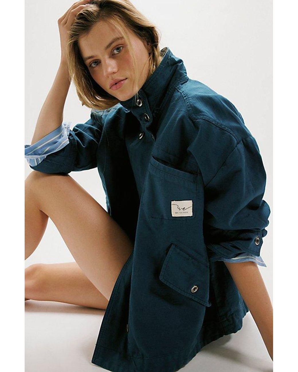 Free People Blue Collins Washed Canvas Funnel-Neck Jacket