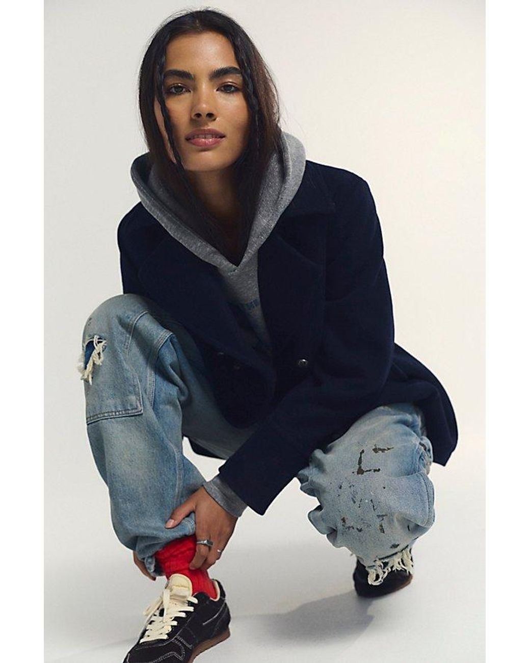 Free People Blue Jorah Wool-Blend Military Coat Jacket