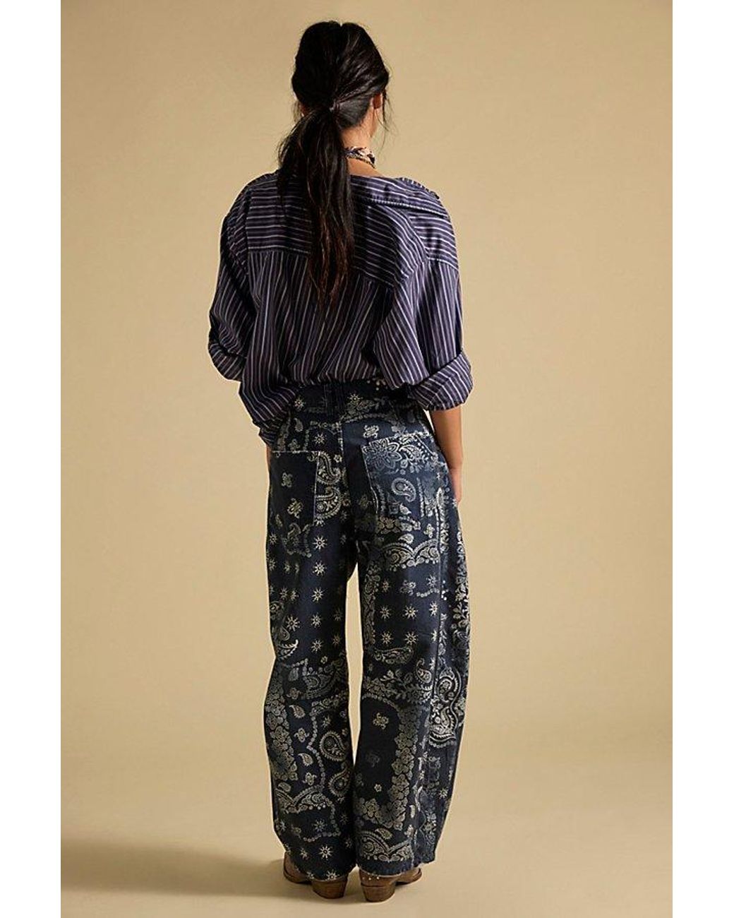 Free People Gray Good Luck Printed Barrel Jeans