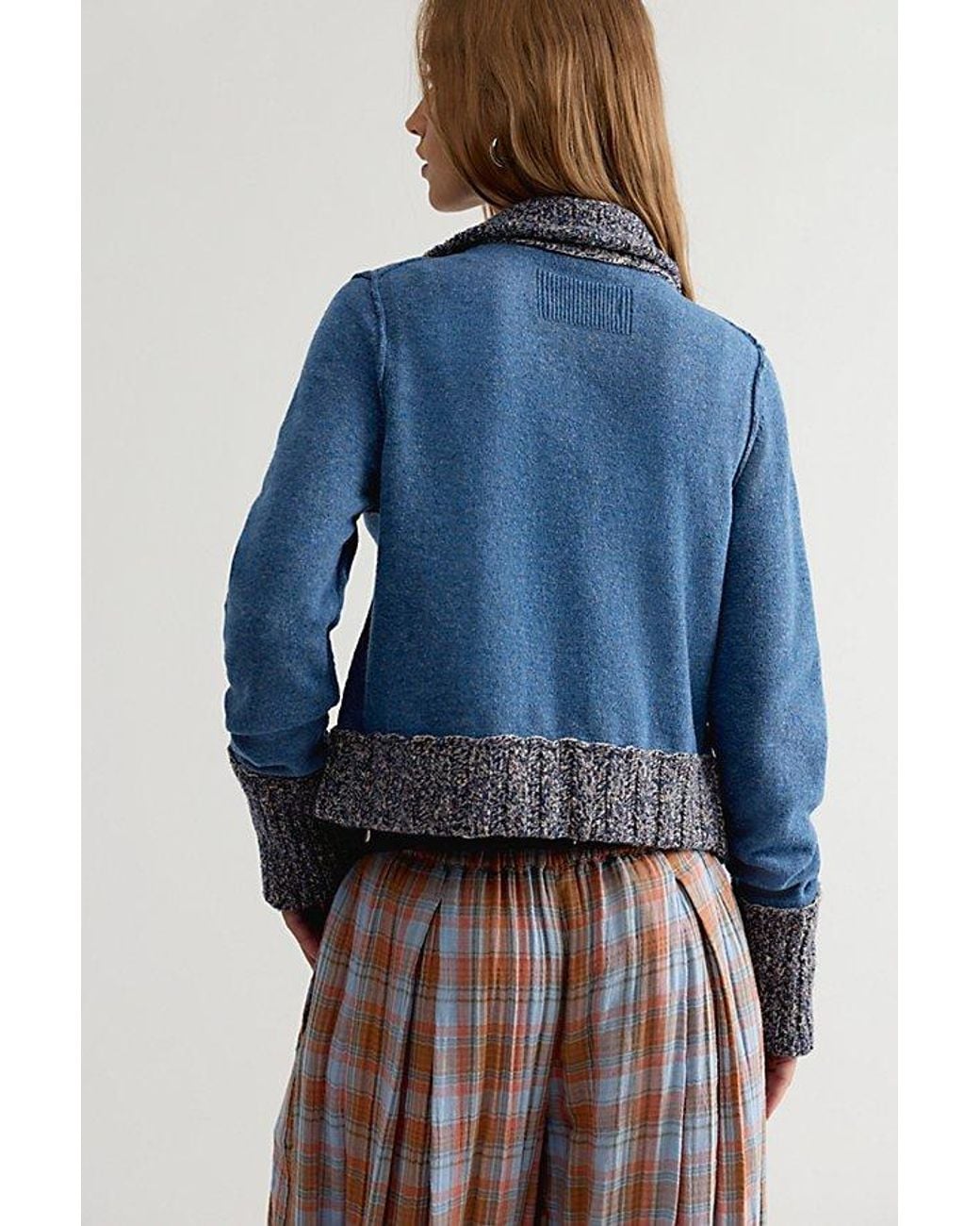 Free People Blue Off Kilt Funnel-Neck Wool Cardi