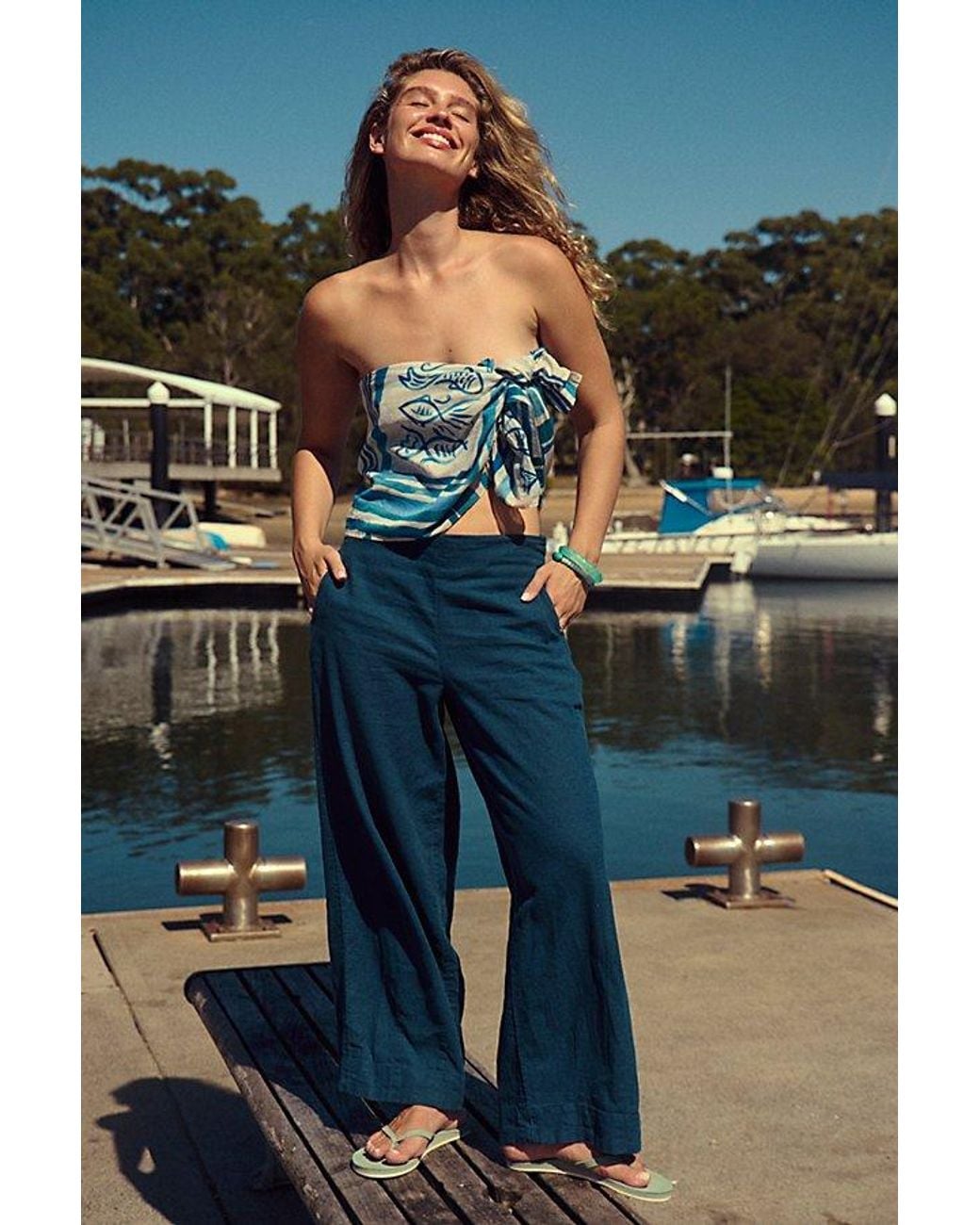 Free People Demi Cotton-Linen Pants in Blue | Lyst