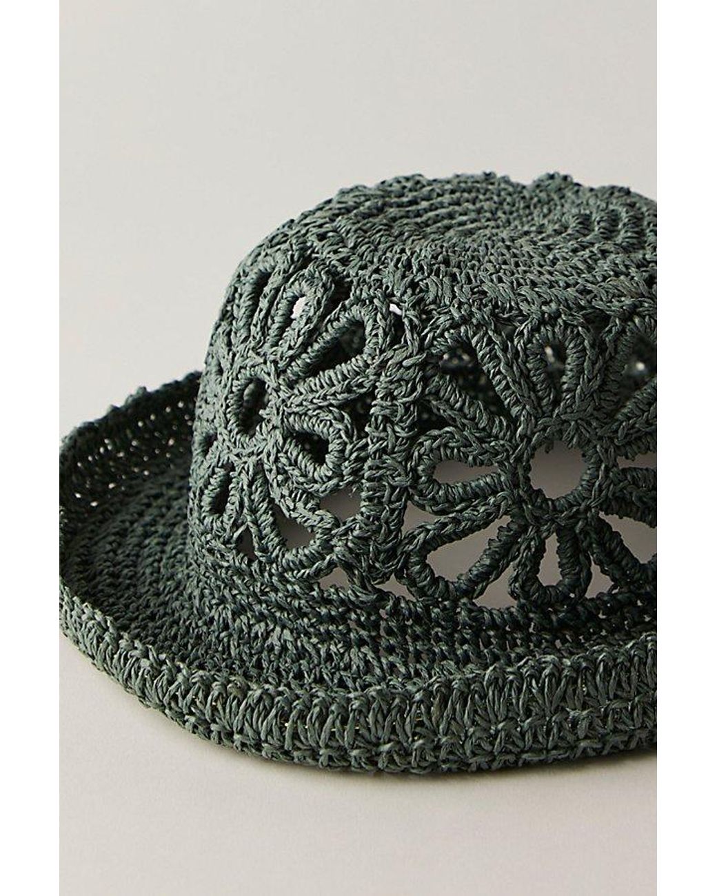 Free People Blue Cut-Out Daisy Crochet Straw Bucket Hat