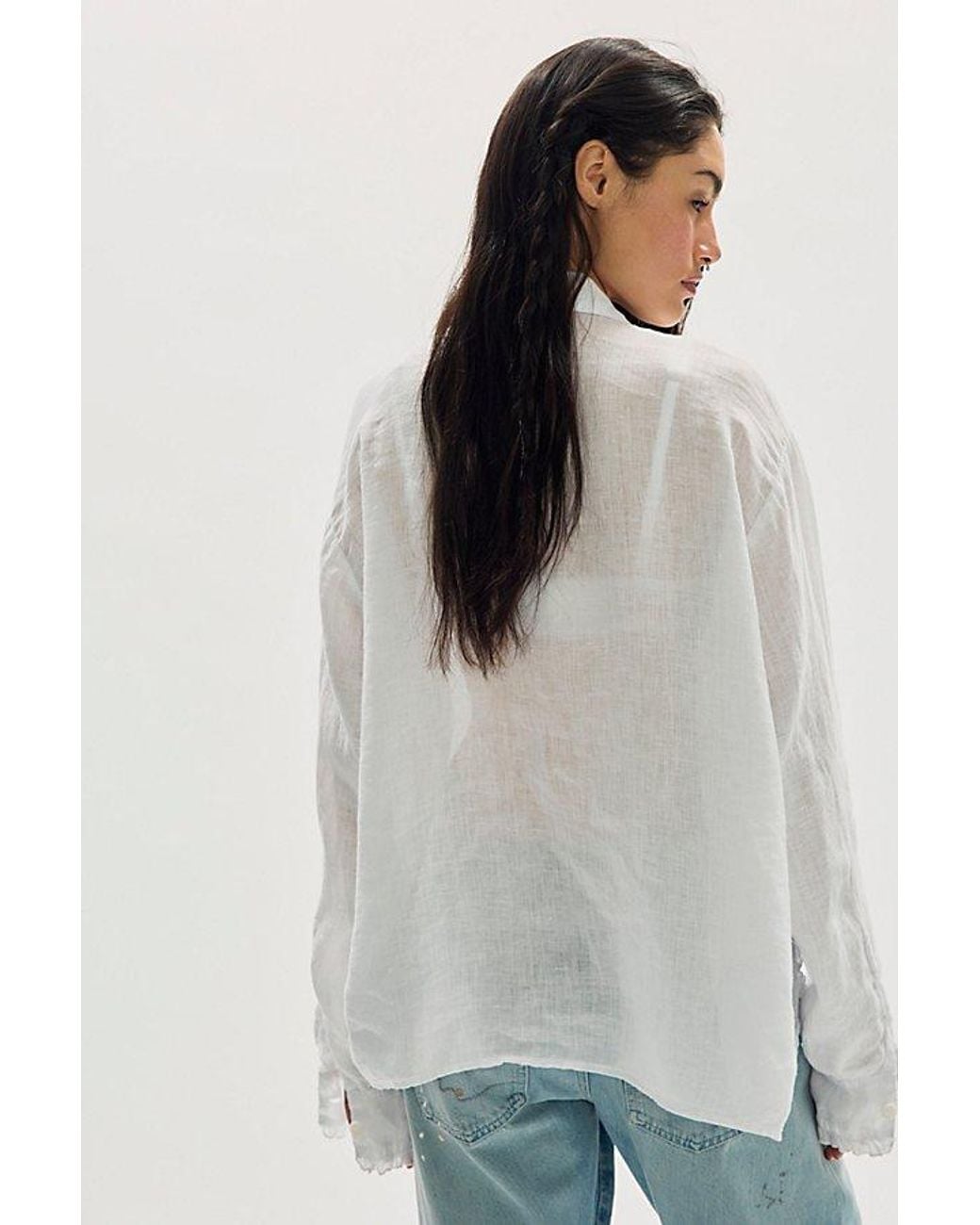 Llea Blue White Tuxedo Linen Button Down Top By