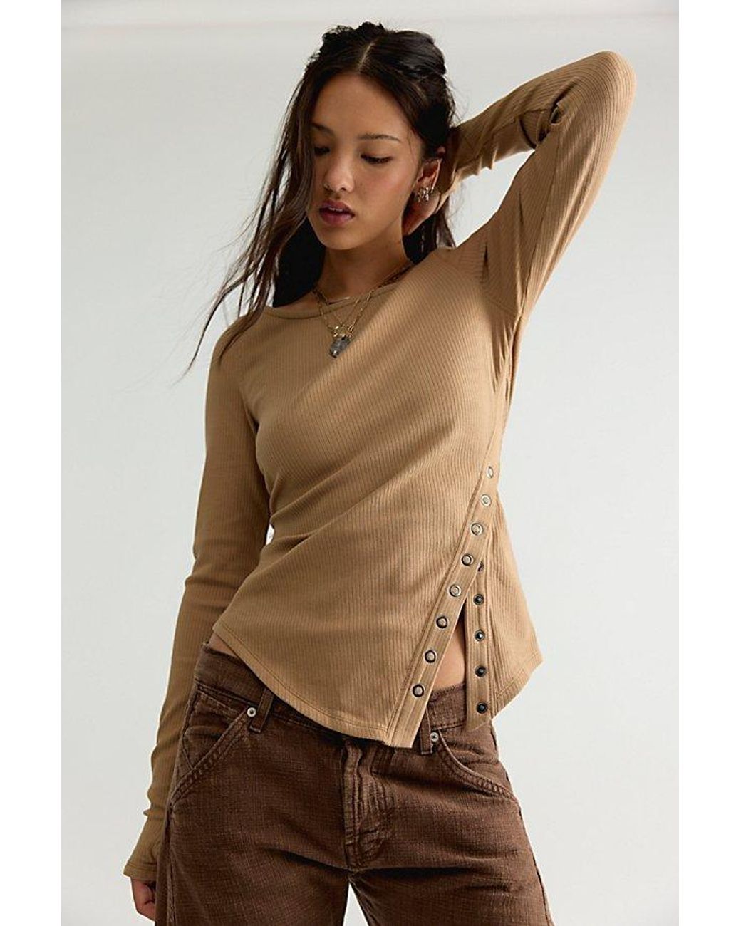 Free People Brown Over You Asymmetric Long Sleeve Top