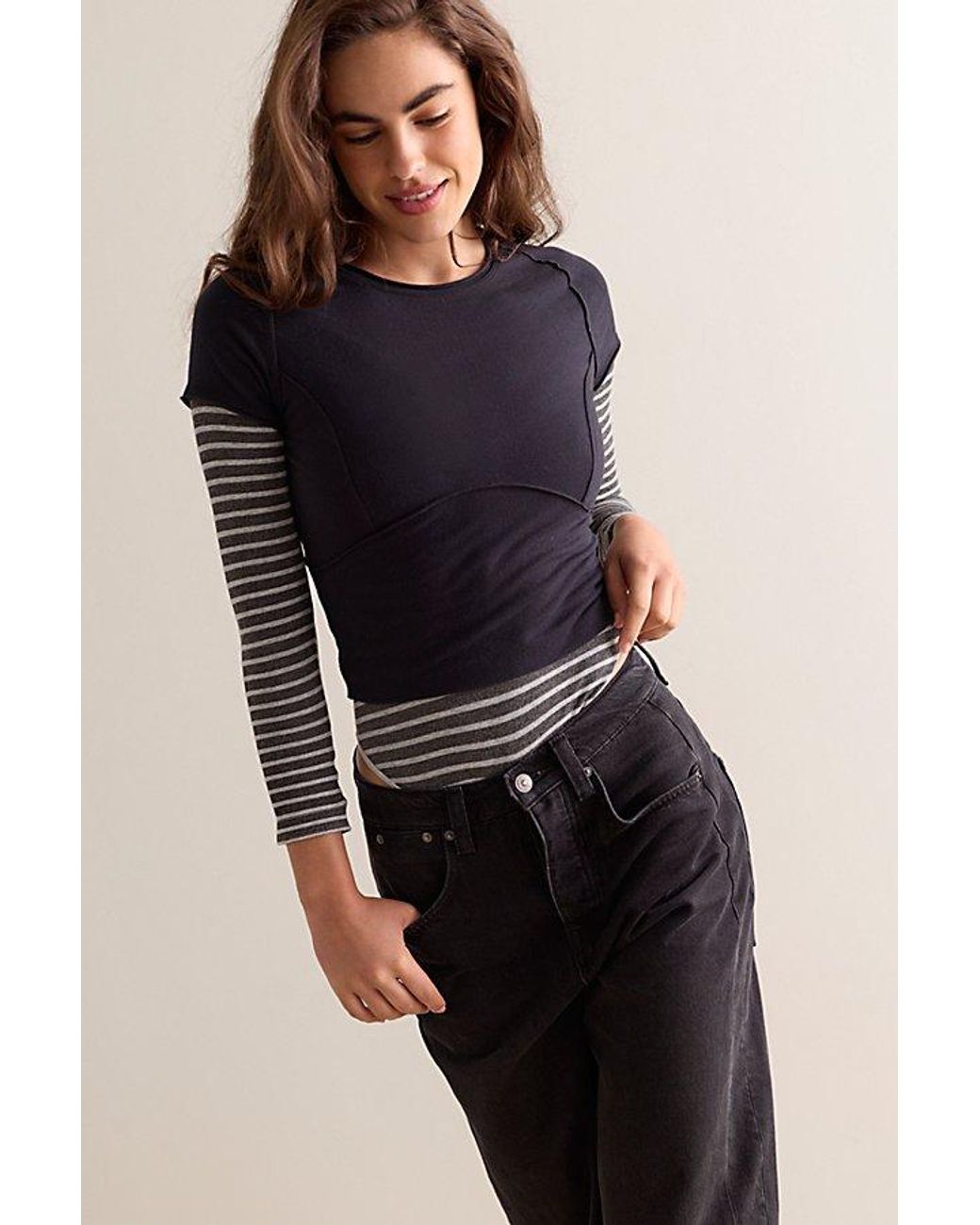 Intimately By Free People Gray Just Enough Stripe Button-Front Bodysuit By