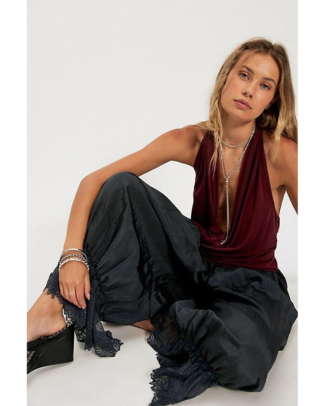 Free People Red Cupro Cowl Neck Halter Top