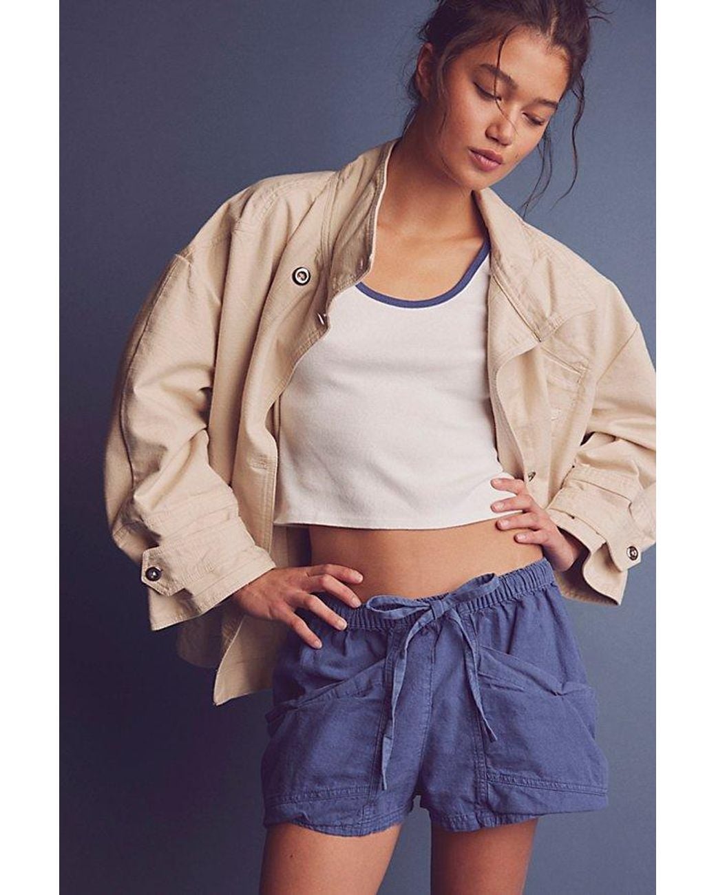 Free People Blue Good Fortune Solid Cotton-Linen Shorts