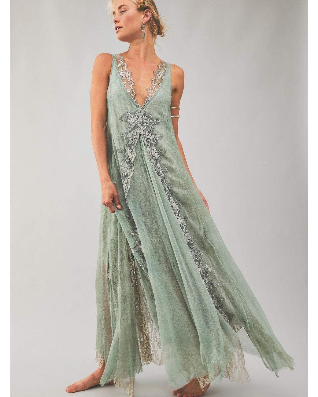 Free People Tea Dress With Lace in Green | Lyst