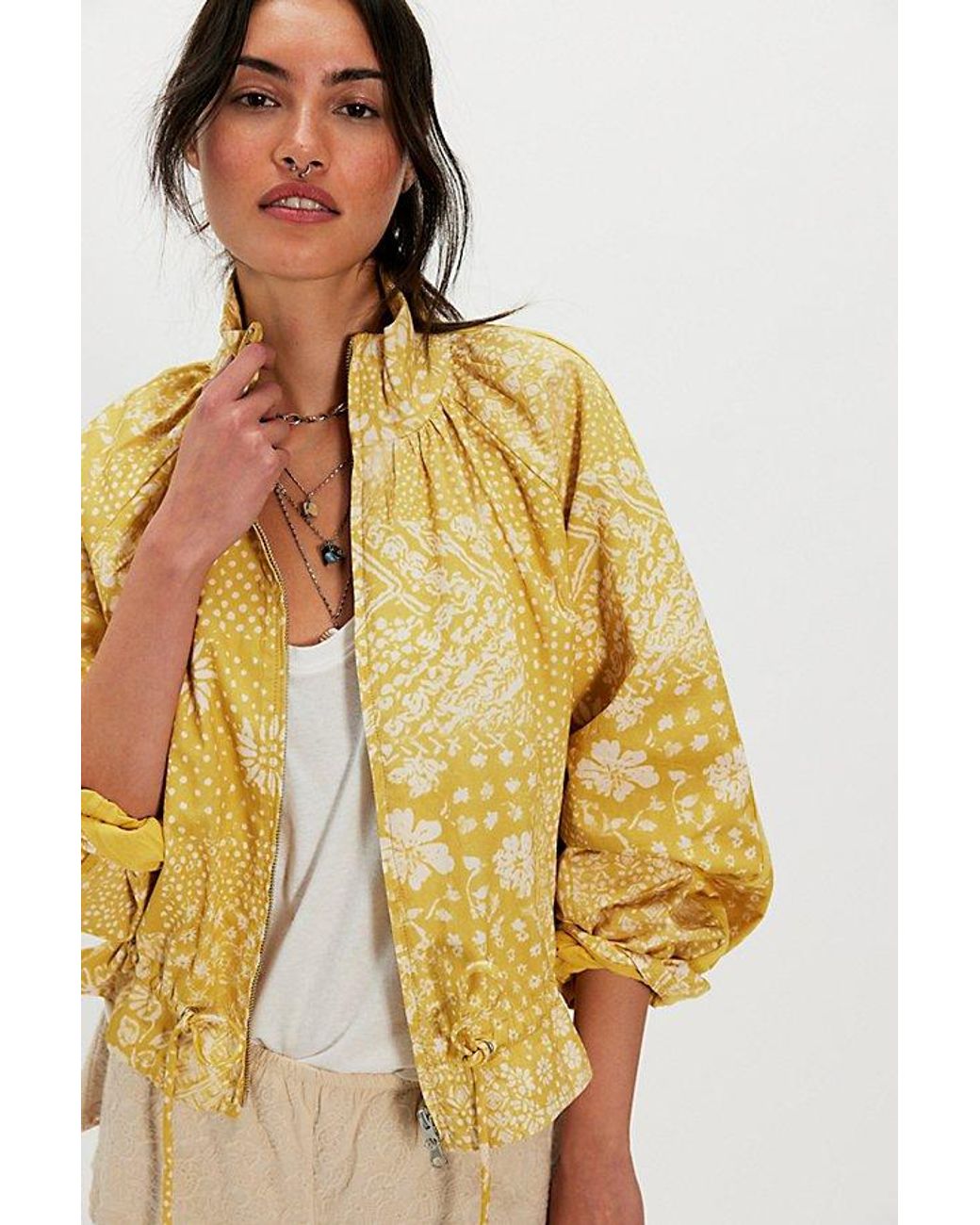 Free People Yellow Devon Printed Balloon Funnel-Neck Jacket
