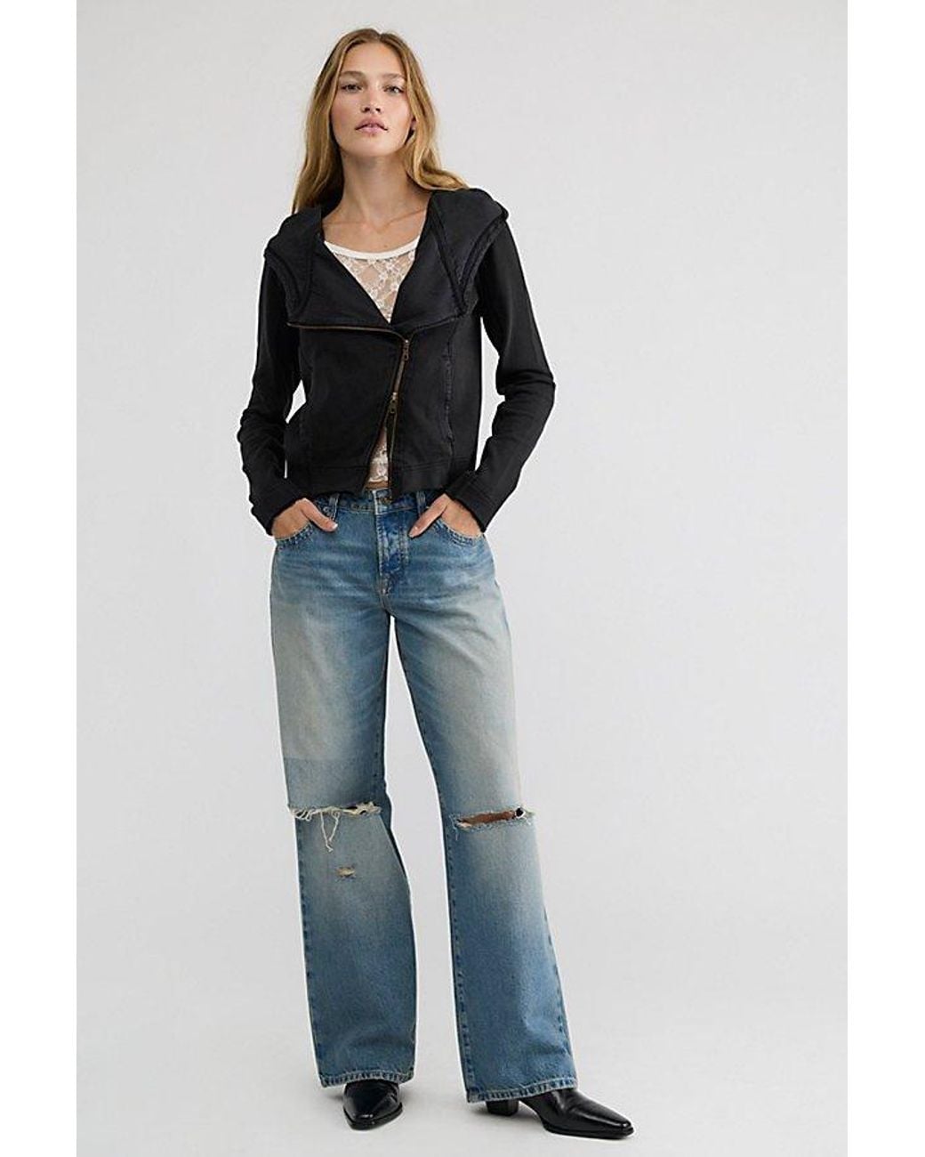 Free People Black Throwback Asymmetric Zip-Up Hoodie