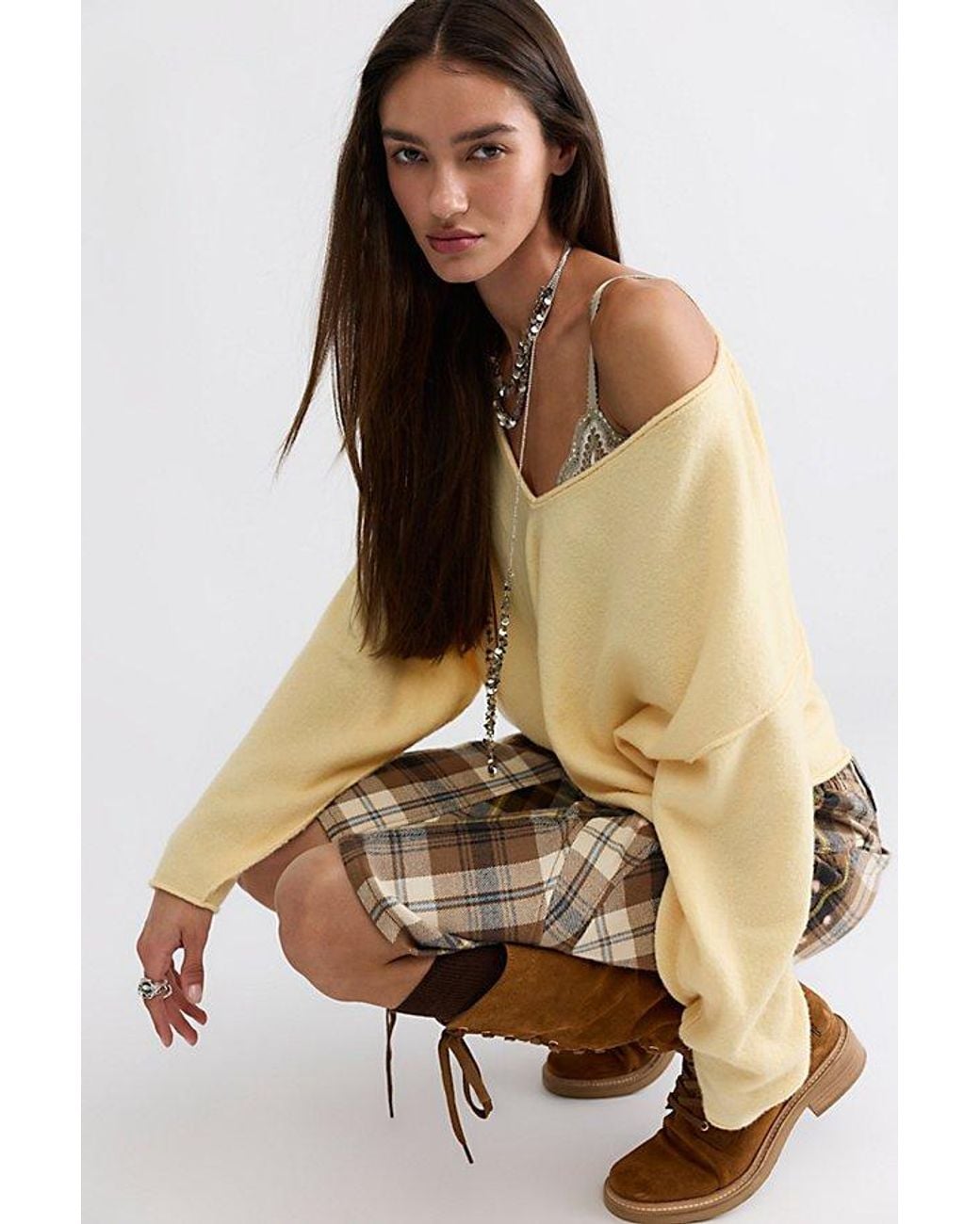 Free People Natural See Me V-Neck Knit Pullover