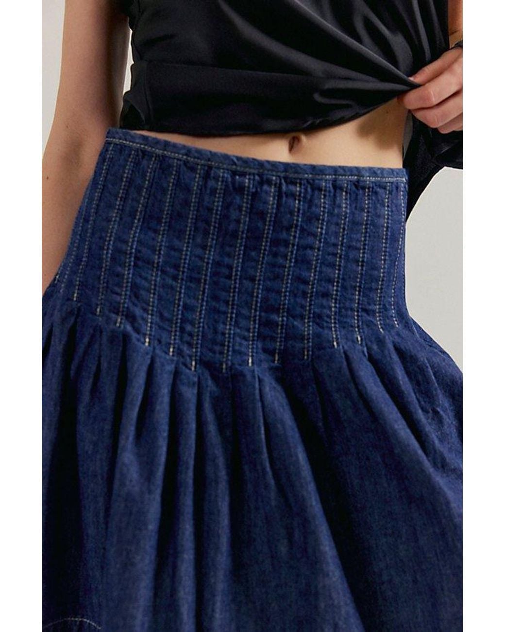 Free People Blue Peyton Pintuck Denim Midi Skirt