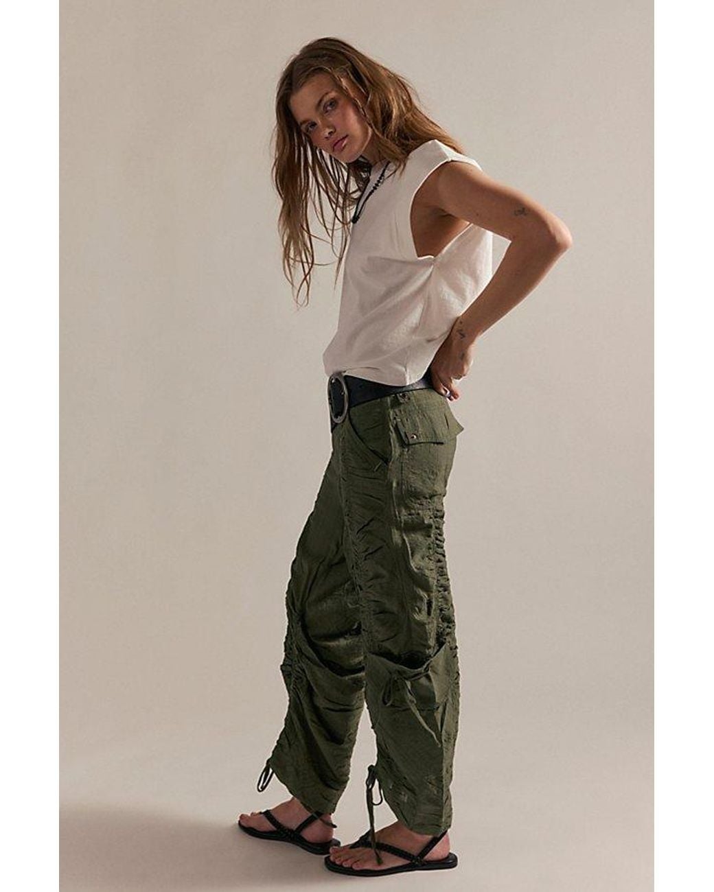 Free People Green Scorpio Shirred Mid-Rise Cargo Trousers By