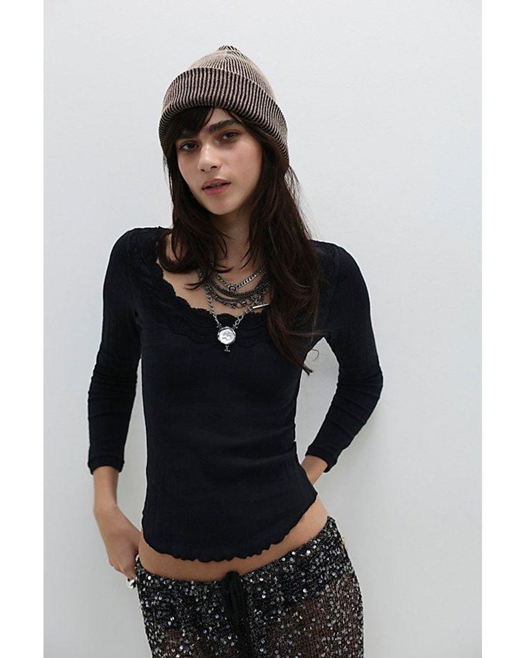Intimately By Free People Black Classic Keepsake Pointelle Long Sleeve By