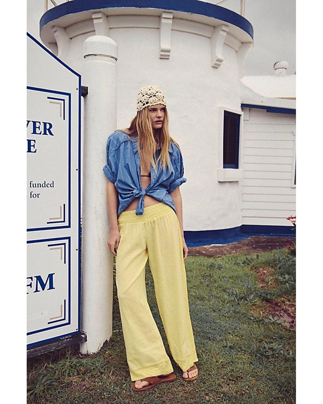 free-est Multicolor Seaside Cotton-Linen Lace Pants By
