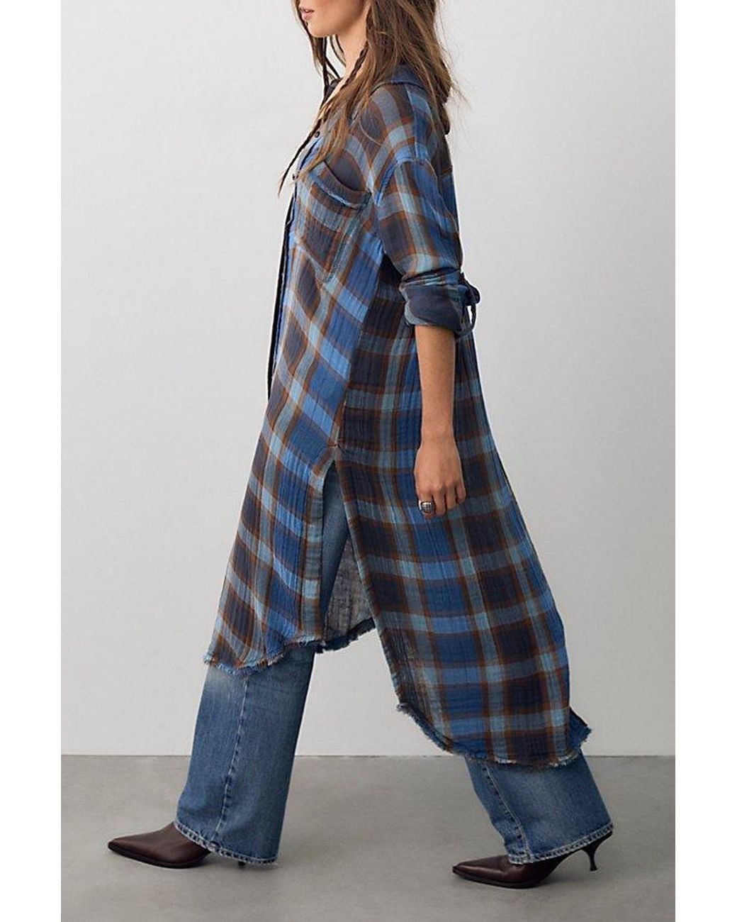 Free People Blue Layer Up Maxi Button Down Top