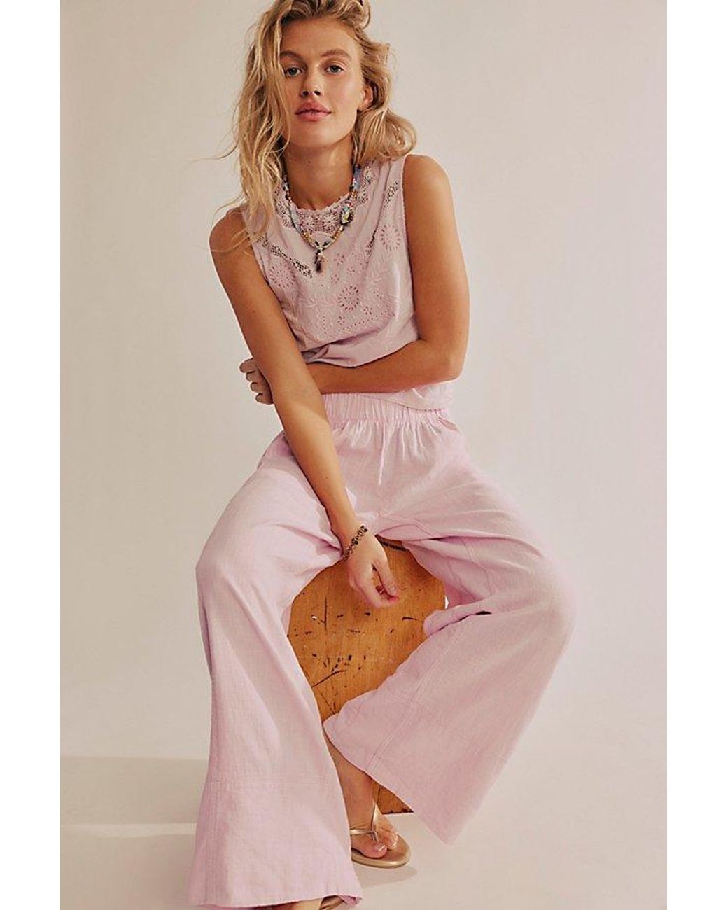 Free People Pink Day's End Linen Pull-On Pants