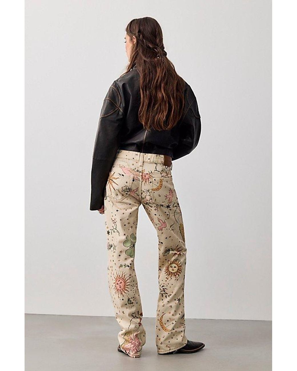 Free People Natural Luna Printed Mid-Rise Straight Jeans