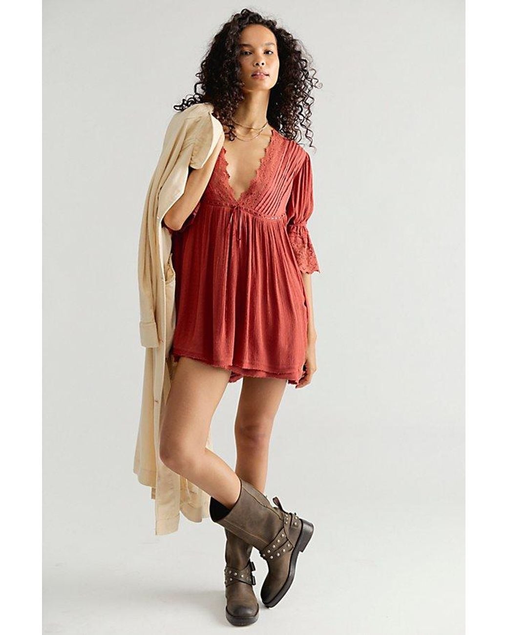 Free People Red Angel Wings V-Neck Babydoll Mini Dress