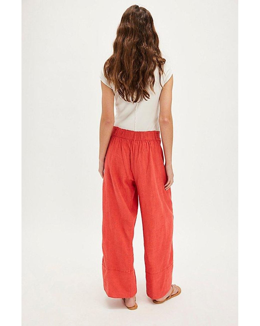 Free People Red Day's End Linen Pull-On Pants