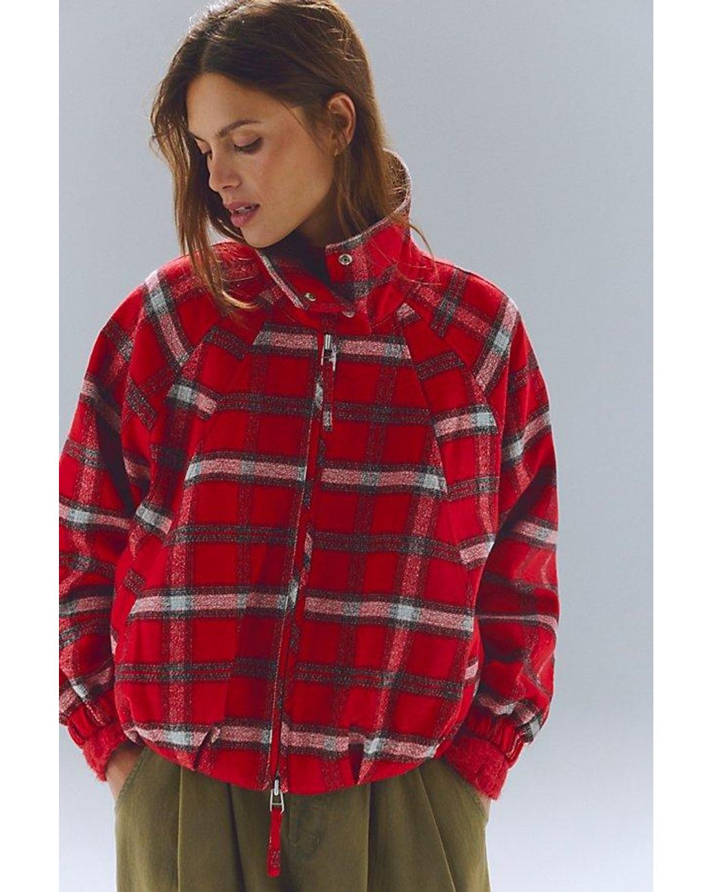 Free People Red Chelsea Plaid Funnel-Neck Oversized Jacket
