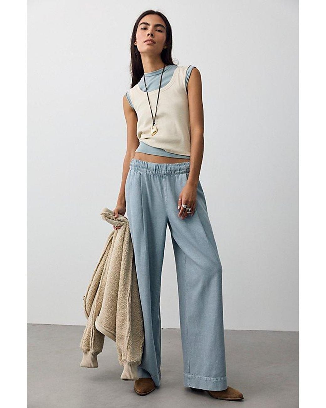 Free People Blue Tidal Moon Low-Rise Pull-On Pants