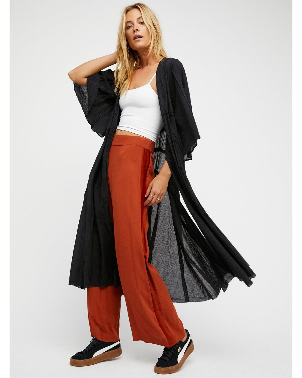 Free People Curved Gauze Duster in Black Lyst