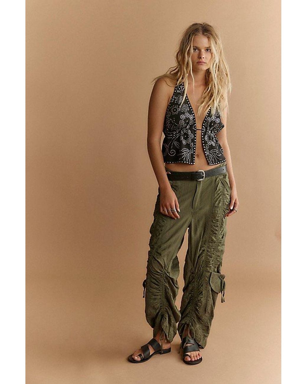 Free People Green Scorpio Shirred Mid-Rise Cargo Trousers By