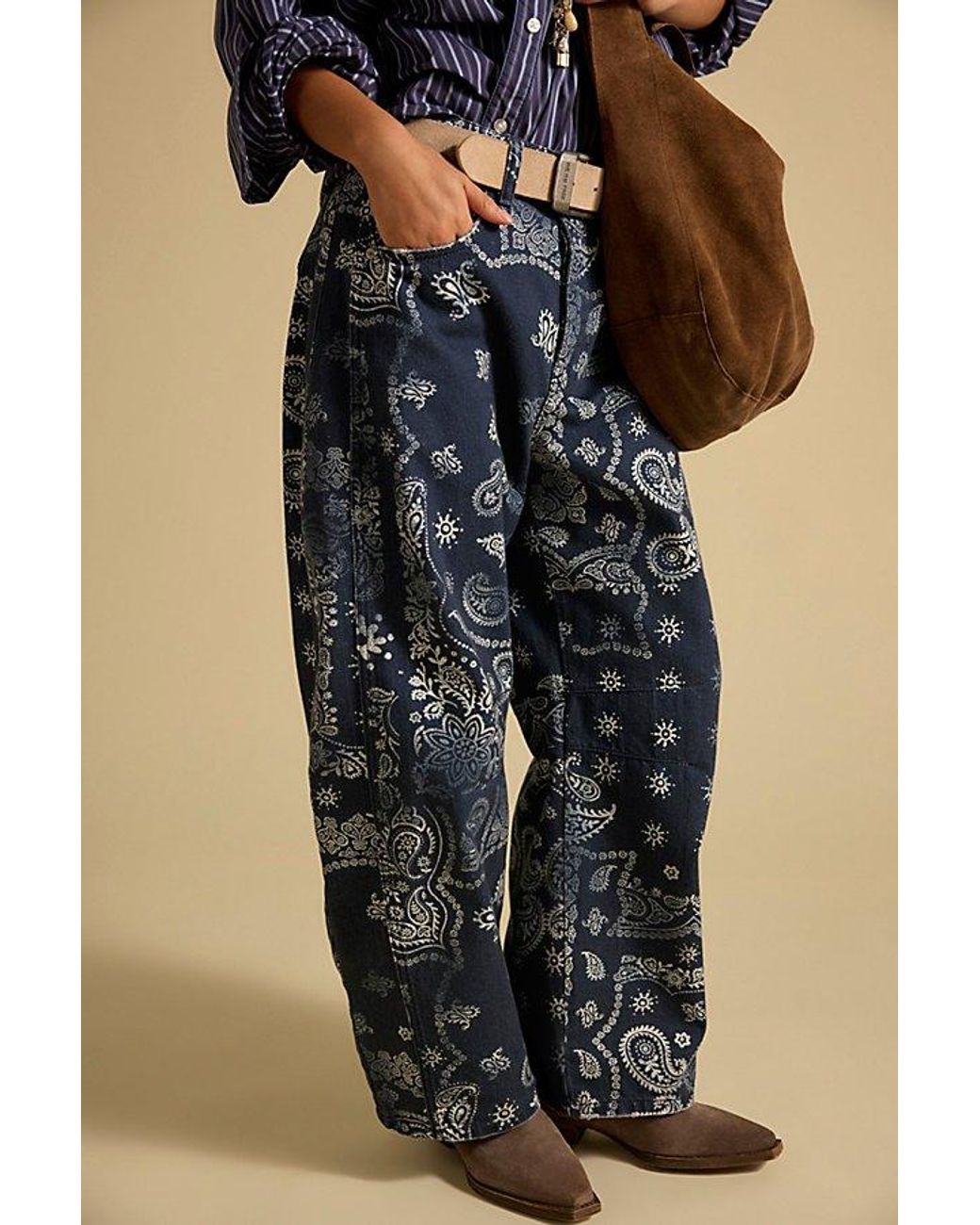 Free People Gray Good Luck Printed Barrel Jeans