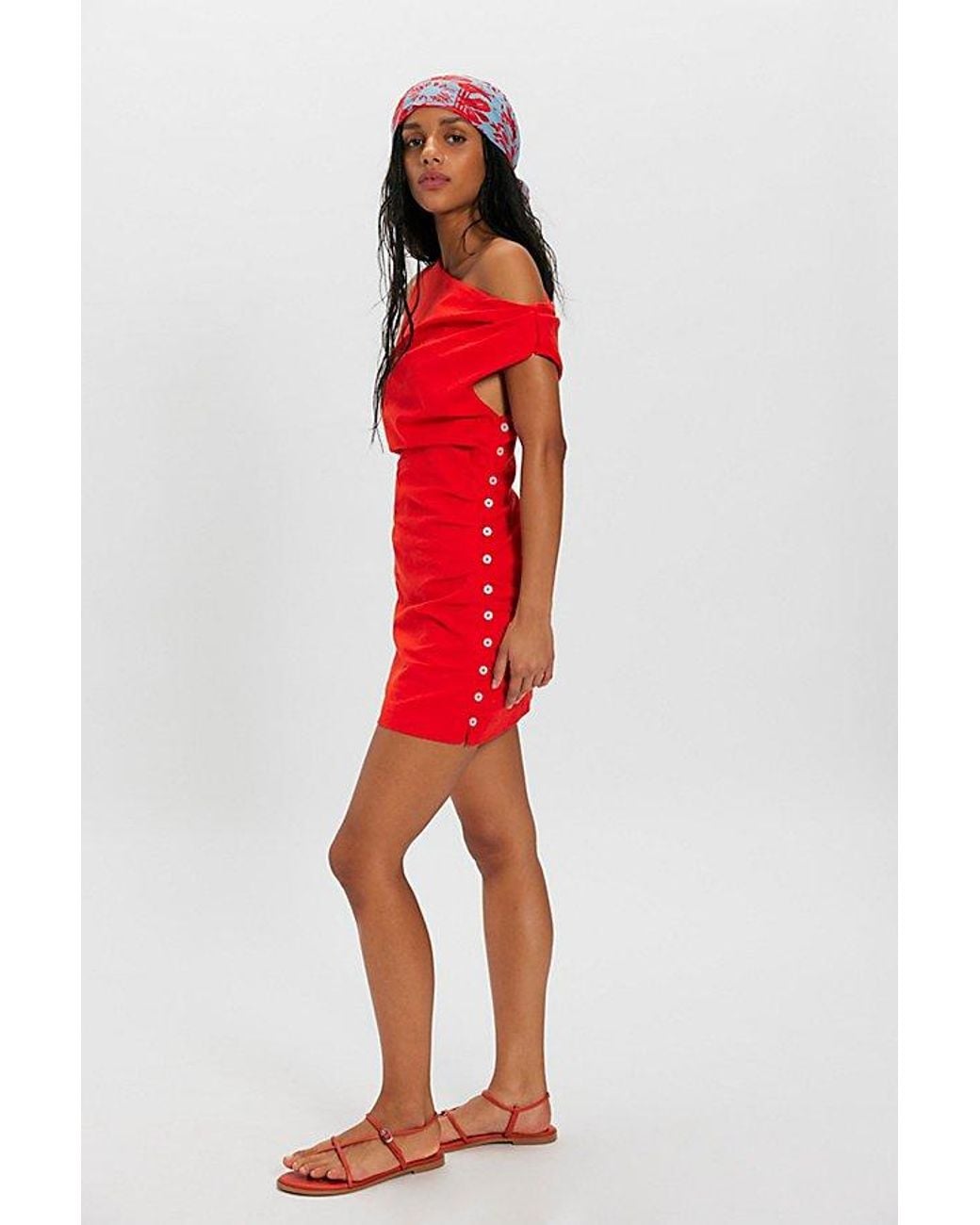 free-est Red So Far Summer Stretch Linen Mini Dress By