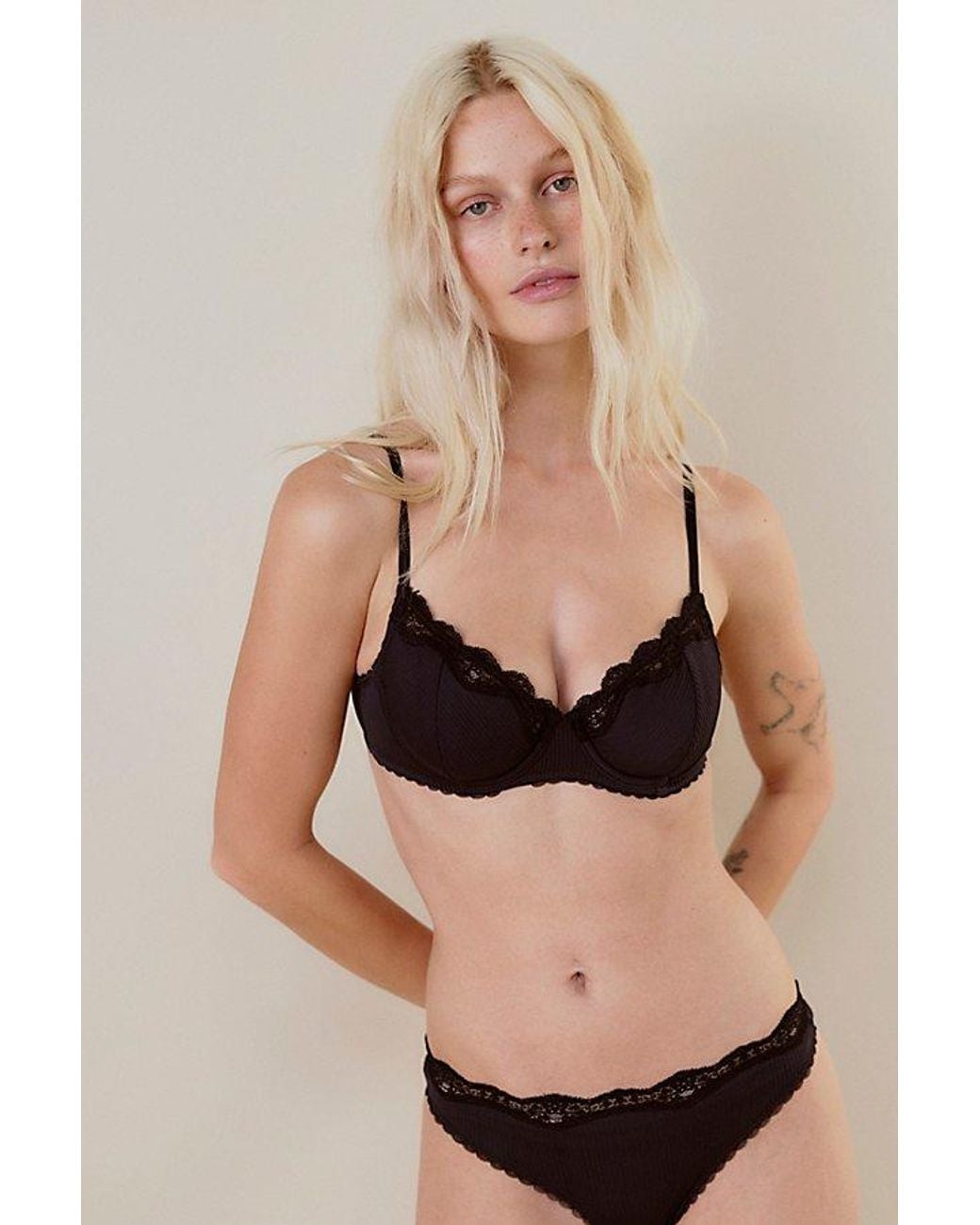 Intimately By Free People Black Charlie Lace Microfiber Ribbed Demi Underwire Bra By